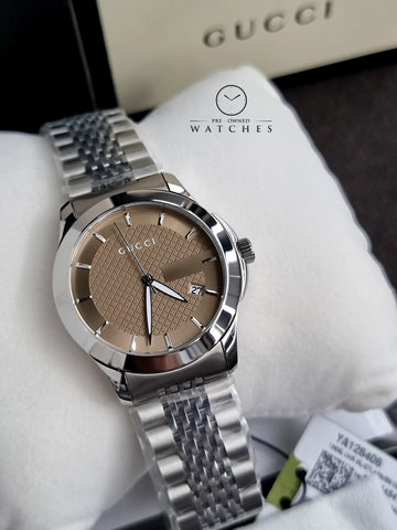 Gucci Men’s Analog Quartz Stainless Steel Brown Dial 38mm Watch YA126406